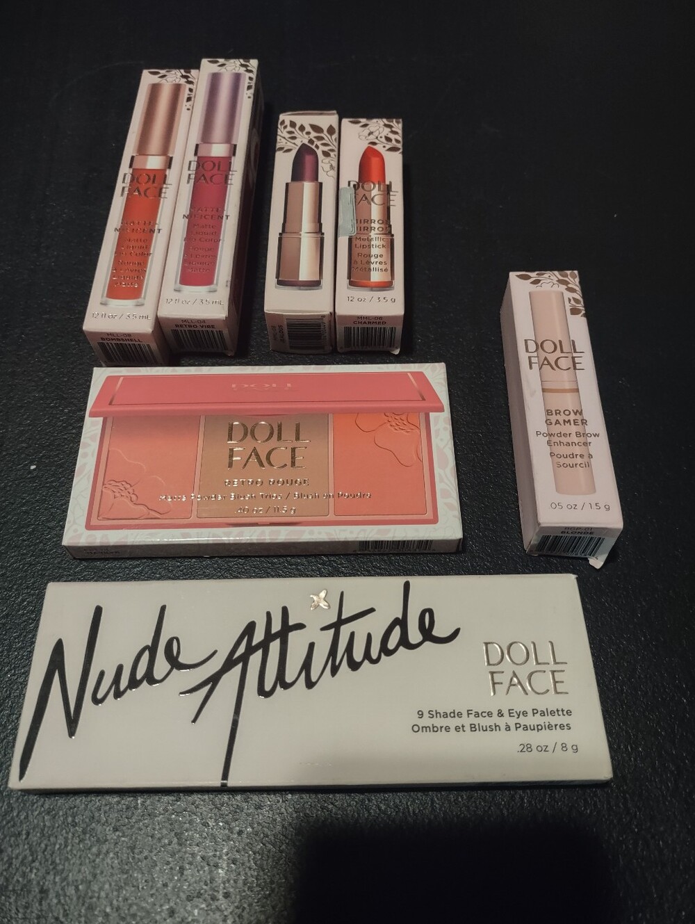 Doll Face Makeup Lot Sale- Eye Shadow Palate, Brow Enhancer, Blush, Lip Colors